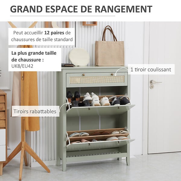 HOMCOM - Meuble à chaussures style bohème chic - 2 portes abattantes 2 étagères réglables tiroir - MDF vert d'eau aspect rotin - large