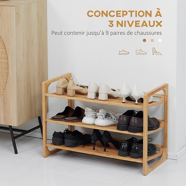 HOMCOM - Étagère à chaussures bambou 3 étagères style naturel dim. 76L x 33l x 51H cm - large