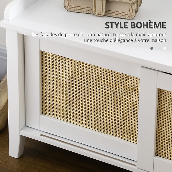 HOMCOM - Meuble chaussures banc à chaussures 2 en 1 style bohème chic 2 portes coulissantes - MDF blanc cannage rotin - large