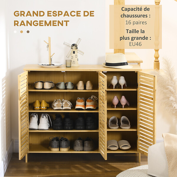 HOMCOM - Meuble à  chaussures style cosy chic - 3 portes, 6 étagères - portes à  lattes, poignées invisibles - bambou verni - large
