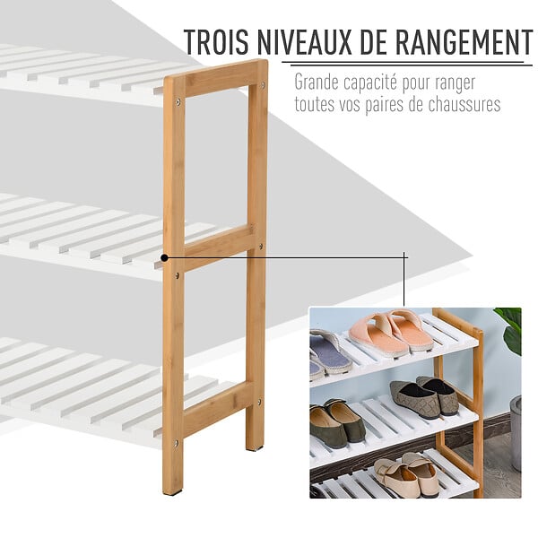 HOMCOM - Etagère à chaussures, étagère de rangement, meuble chaussures 3 niveaux bambou MDF blanc - large
