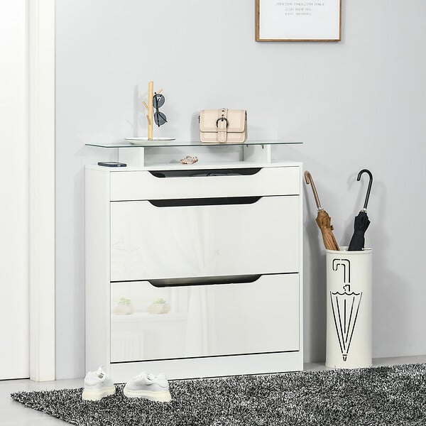 HOMCOM - Armoire à chaussures avec 2 tiroirs rabattables + 1 tiroir coulissant + 1 comptoir et 1 plateau en verre étagère réglable sur 2 niveaux 89 x 23 x 96 cm blanc - large