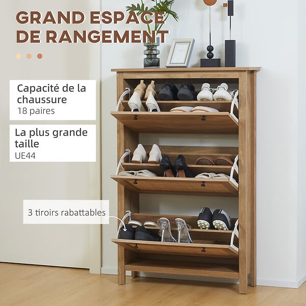 HOMCOM - Meuble à chaussures 3 portes abattants dim. 80L x 23,5L x 121,5H cm aspect bois effet cannage rotin - large