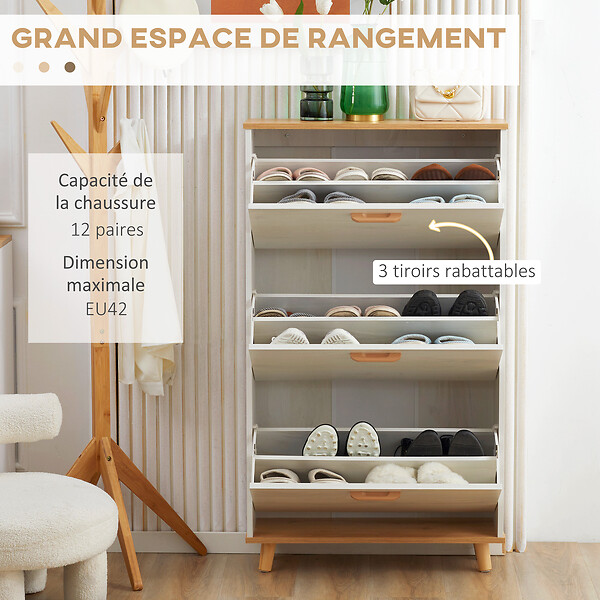 HOMCOM - Meuble à chaussures design scandinave 3 portes abattantes 3 étagères réglables bois pin panneaux blanc - large