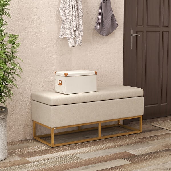 HOMCOM - Banc banquette coffre de rangement 2 en 1 piètement acier doré assise capitonnée tissu beige - large