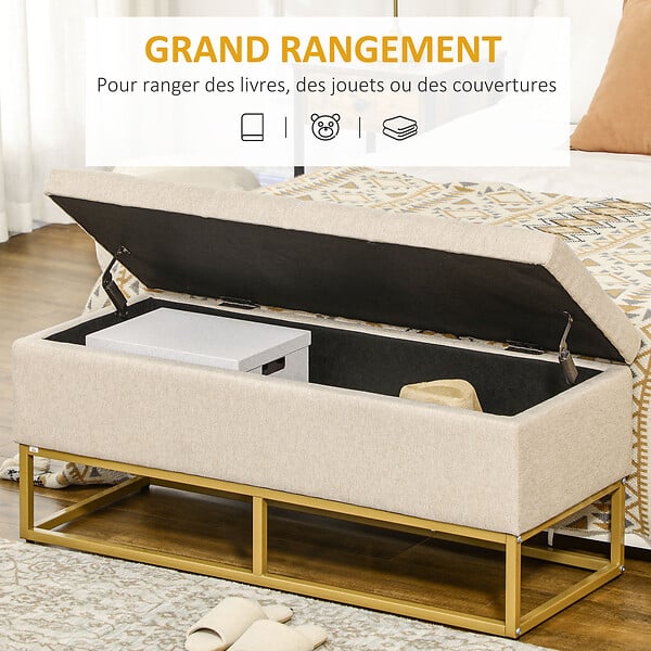 HOMCOM - Banc banquette coffre de rangement 2 en 1 piètement acier doré assise capitonnée tissu beige - large