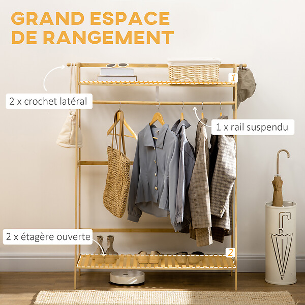 HOMCOM - Portant à vêtements penderie - 2 étagères, 2 patères, barre de suspension - bambou verni - large