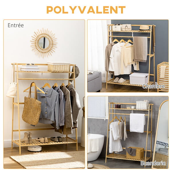 HOMCOM - Portant à vêtements penderie - 2 étagères, 2 patères, barre de suspension - bambou verni - large