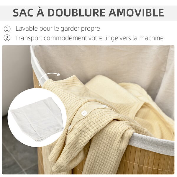 HOMCOM - Panier à linge d'angle corbeille à linge bac à linge 55 L couvercle sac amovible poignée bambou tissu - large