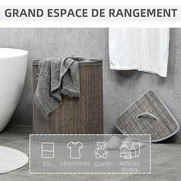 HOMCOM - Panier à linge d'angle corbeille à linge bac à linge 55 L couvercle sac amovible poignée bambou tissu gris - large