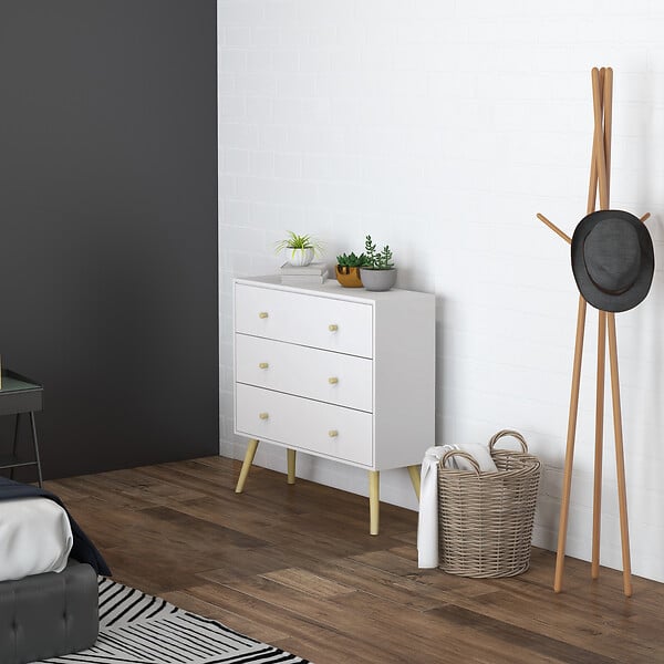 HOMCOM - Commode 3 tiroirs design scandinave piètement effilé incliné bois pin panneaux blanc - large