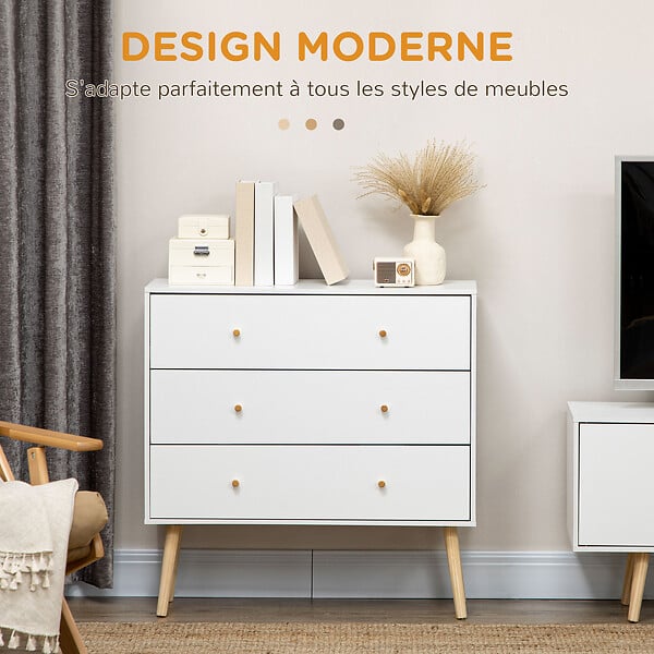 HOMCOM - Commode 3 tiroirs design scandinave piètement effilé incliné bois pin panneaux blanc - large