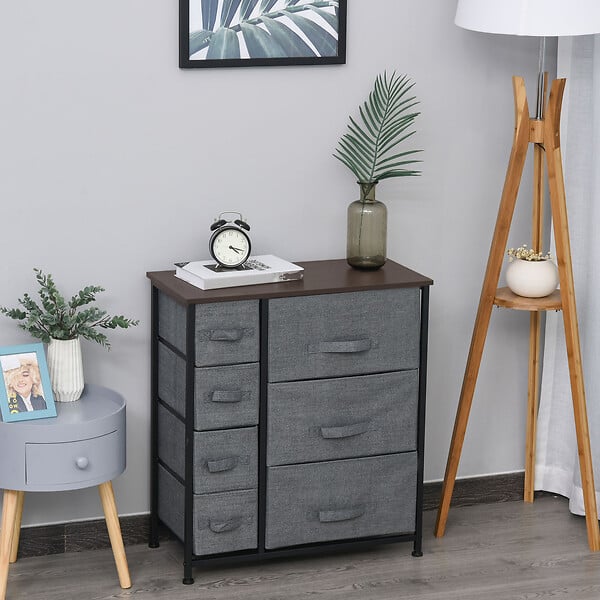 HOMCOM - Meuble de rangement commode design 64L x 30l x 71H cm 7 tiroirs métal MDF non tissé noir - large