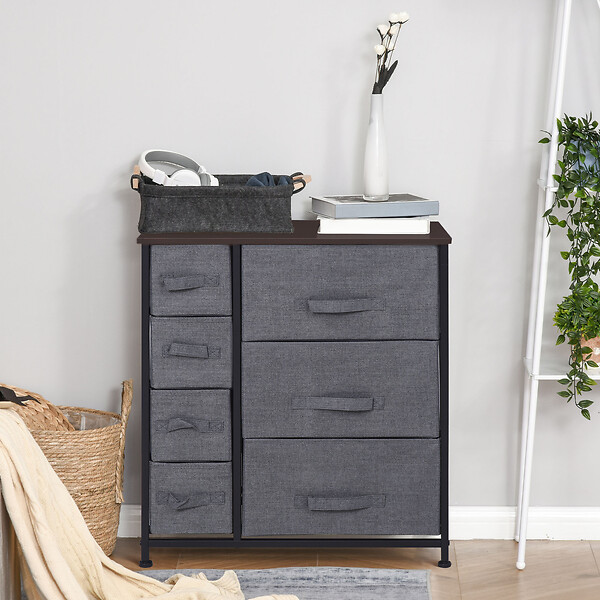 HOMCOM - Meuble de rangement commode design 64L x 30l x 71H cm 7 tiroirs métal MDF non tissé noir - large