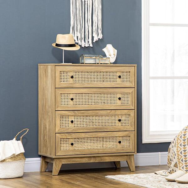 HOMCOM - Commode 4 tiroirs style bohème chic cannage en rotin aspect bois de manguier - large