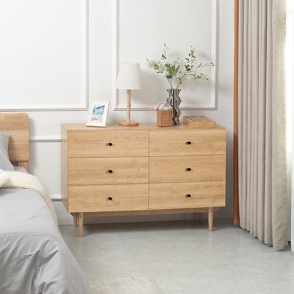 HOMCOM - Commode vintage 6 tiroirs coulissants piètement bois de pin panneaux aspect bois de teck - large
