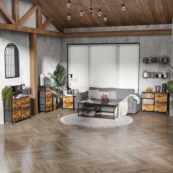 HOMCOM - Chiffonnier design industriel - 2 tiroirs, niche, plateau - châssis acier noir MDF aspect bois avec veinage - large