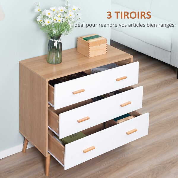 HOMCOM - Commode design scandinave sur pieds 3 tiroirs coulissants pieds effilés inclinés panneaux particules blanc aspect bois clair - large