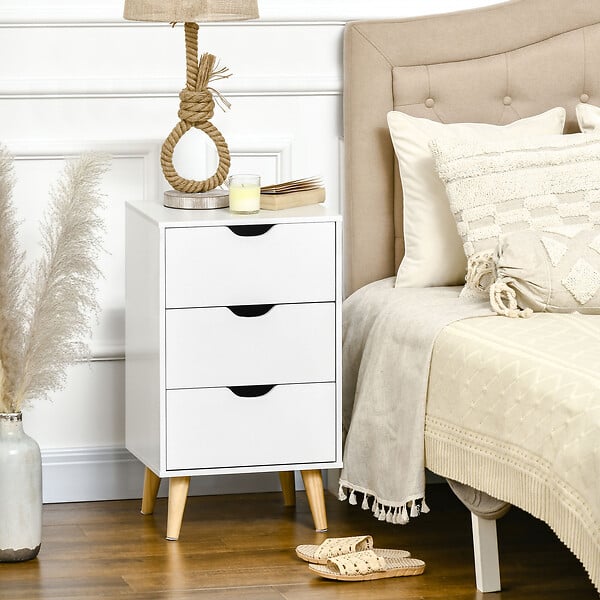 HOMCOM - Meuble de rangement chiffonnier 3 tiroirs design scandinave piètement effilé incliné bois pin panneaux blanc - large