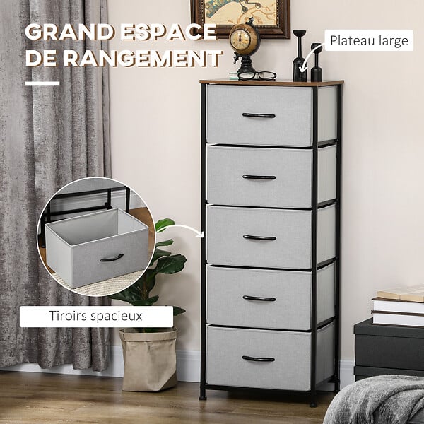 HOMCOM - Chiffonnier meuble de rangement 5 tiroirs - dim. 45L x 30l x 116H cm - structure acier noir tissu pliant gris - large