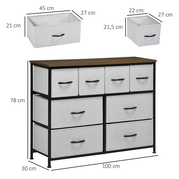 HOMCOM - Commode meuble de rangement 8 tiroirs - dim. 100L x 30l x 78H cm - structure acier noir tissu pliant gris - large