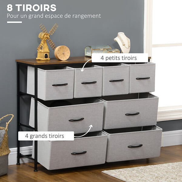 HOMCOM - Commode meuble de rangement 8 tiroirs - dim. 100L x 30l x 78H cm - structure acier noir tissu pliant gris - large