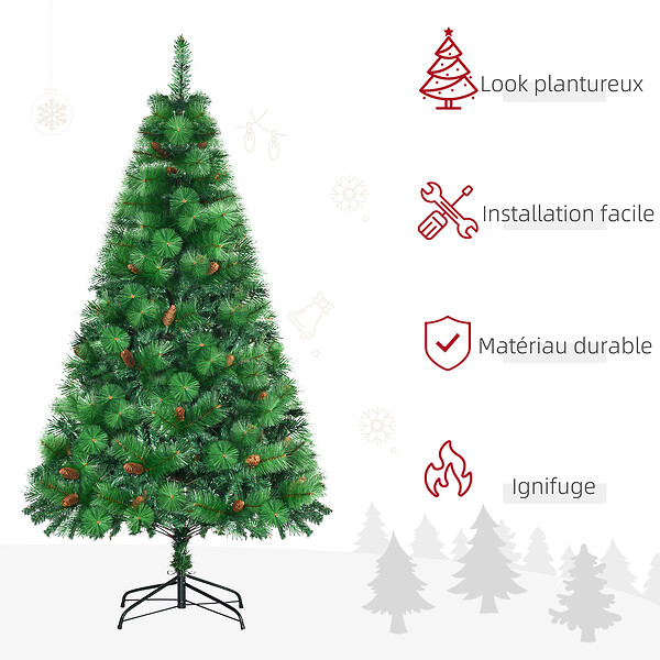 HOMCOM - Sapin de Noël artificiel 782 branches épines grand réalisme avec pommes de pin - hauteur 180 cm vert - large
