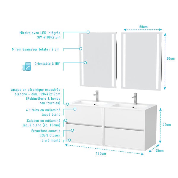 AURLANE - Meuble Salle de Bains 120 cm Laqué Blanc 4 Tiroirs, Vasque, Miroirs 60x80 à Leds intégrées - XENOS - large