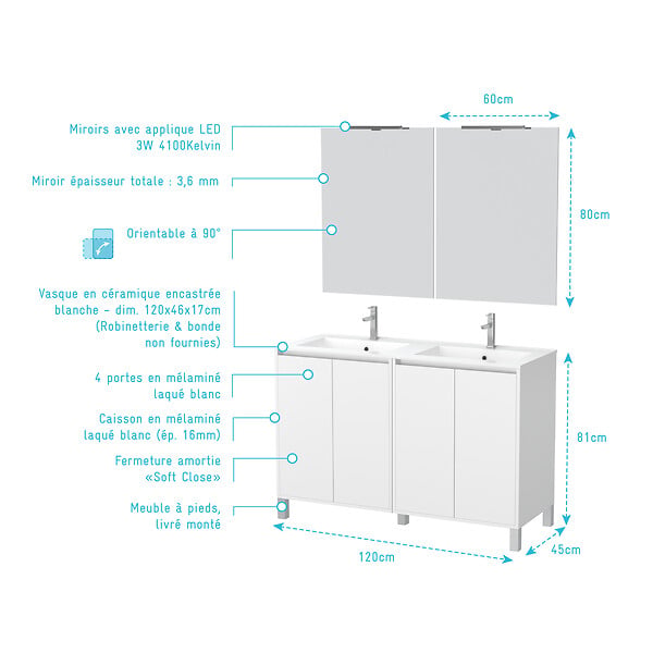 AURLANE - Meuble Salle de Bains 120 cm Laqué Blanc 4 Portes, Vasque, Miroirs 60x80 et Réglettes Led - XENOS - large