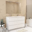 AURLANE - Meuble Salle de Bains 120 cm Laqué Blanc 6 Tiroirs, Vasque, Miroirs 60x80 et Réglettes Led - XENOS - vignette