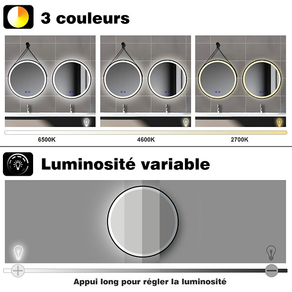 AICA SANITAIRE - Miroir de salle de bain avec ceinture 80cm tactile + anti-buée + 3 couleurs + fonction mémoire - large