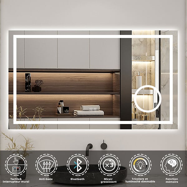 AICA SANITAIRE - Miroir de salle de bain 80x60cm tactile + Bluetooth + 3x loupe + 3 couleurs + gradation infinie + anti-buée - large