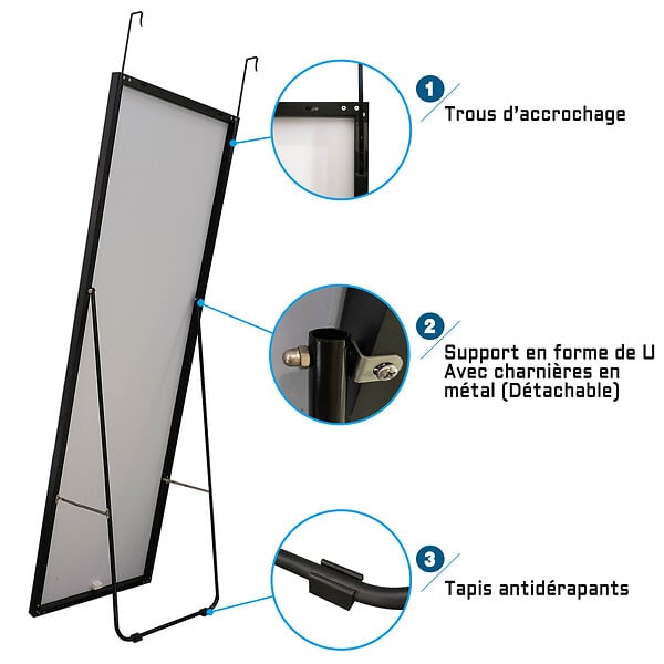 AICA SANITAIRE - AICA Miroir sur pied et Psyché 50 x 150 cm (L x H), miroir complet noir - large