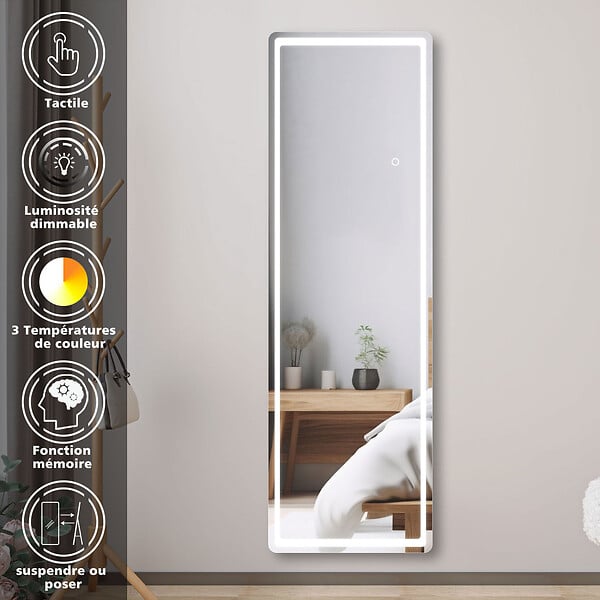 AICA SANITAIRE - Miroir LED sur pied et Psyché 50 x 160 cm (L x H), luminosité réglable + 3 couleurs + fonction mémoire miroir pleine longueur - large