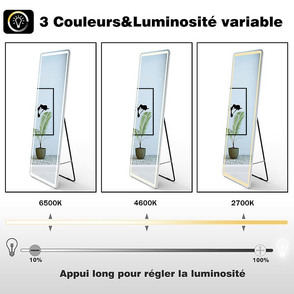 AICA SANITAIRE - Miroir LED sur pied et Psyché 50 x 160 cm (L x H), luminosité réglable + 3 couleurs + fonction mémoire miroir pleine longueur - large