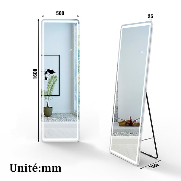 AICA SANITAIRE - Miroir LED sur pied et Psyché 50 x 160 cm (L x H), luminosité réglable + 3 couleurs + fonction mémoire miroir pleine longueur - large