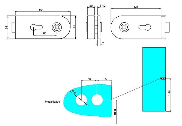EMUCA - Kit de serrure et de gâche pour portes en verre doubles, loquet horizontal pour porte en verre 8-12mm, acier et aluminium, peint en noir - large