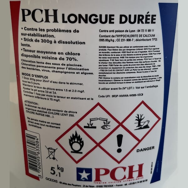 PCH - chlore lent stick 300g 5.1kg - hypochlorite calcium longue duree - large