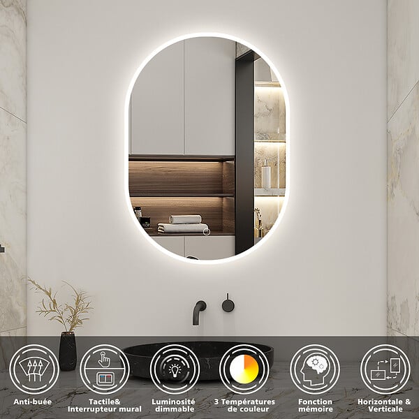 AICA SANITAIRE - AICA LED miroir lumineux 50x70cm tricolore + anti-buée + dimmable + mémoire miroir salle de bain - large