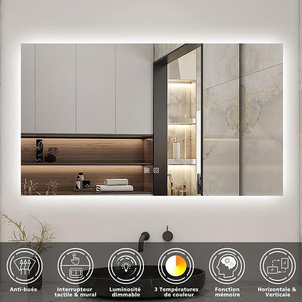 AICA SANITAIRE - AICA 100x60cm LED Miroir de salle de bain rétro-éclairé sans cadre Tricolore + Anti-buée + Mémoire + Dimmable - large