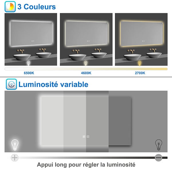 AICA SANITAIRE - AICA 100x60cm LED Miroir de salle de bain rétro-éclairé sans cadre Tricolore + Anti-buée + Mémoire + Dimmable - large