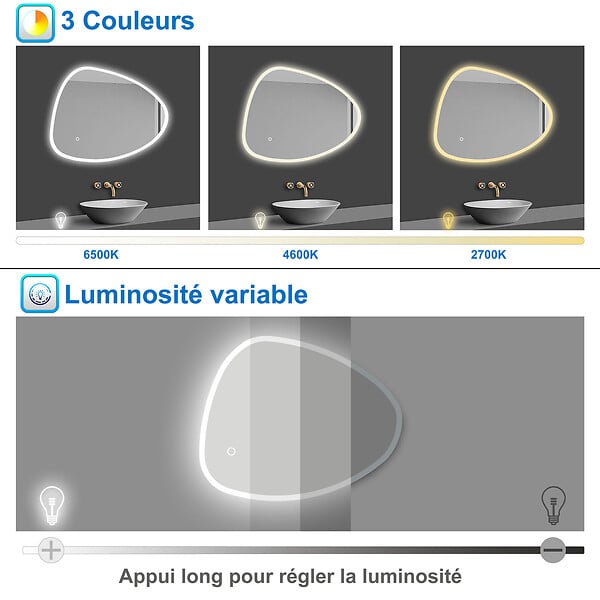 AICA SANITAIRE - AICA Miroir de salle de bain asymétrique 100x80cm led Teardrop Mirror 3 Colours Dimmable + Anti-buée + Mémoire - large