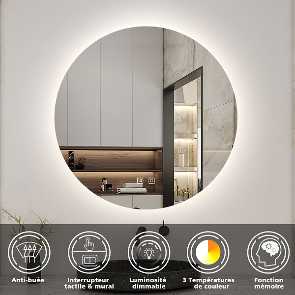AICA SANITAIRE - AICA Miroir de salle de bain LED rond de 70 cm avec rétro-éclairage sans cadre, tricolore + anti-buée + mémoire + gradation infinie - large