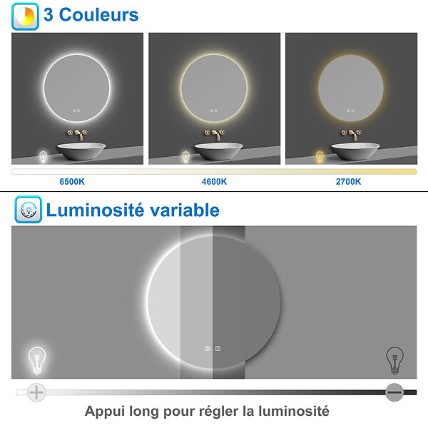 AICA SANITAIRE - AICA Miroir de salle de bain LED rond de 70 cm avec rétro-éclairage sans cadre, tricolore + anti-buée + mémoire + gradation infinie - large