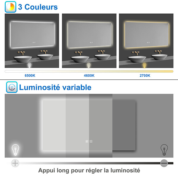 AICA SANITAIRE - AICA 80x60cm LED Miroir de salle de bain rétro-éclairé sans cadre Tricolore + Anti-buée + Mémoire + Dimmable - large
