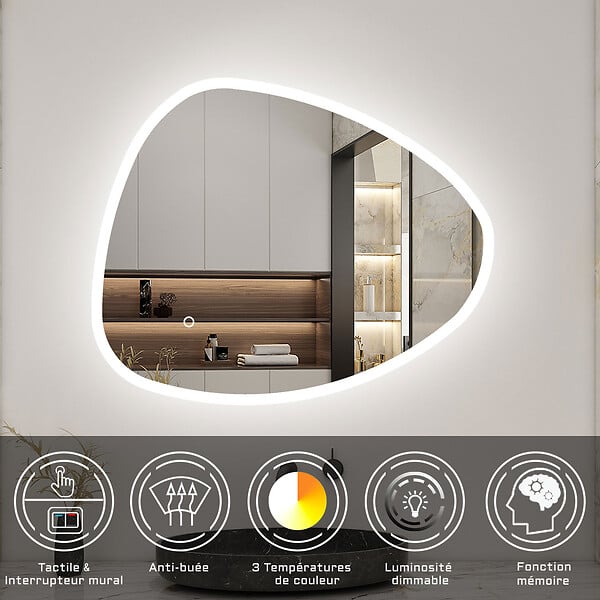 AICA SANITAIRE - AICA Miroir de salle de bain asymétrique 80x55cm led Teardrop Mirror 3 Colours Dimmable + Anti-buée + Mémoire - large