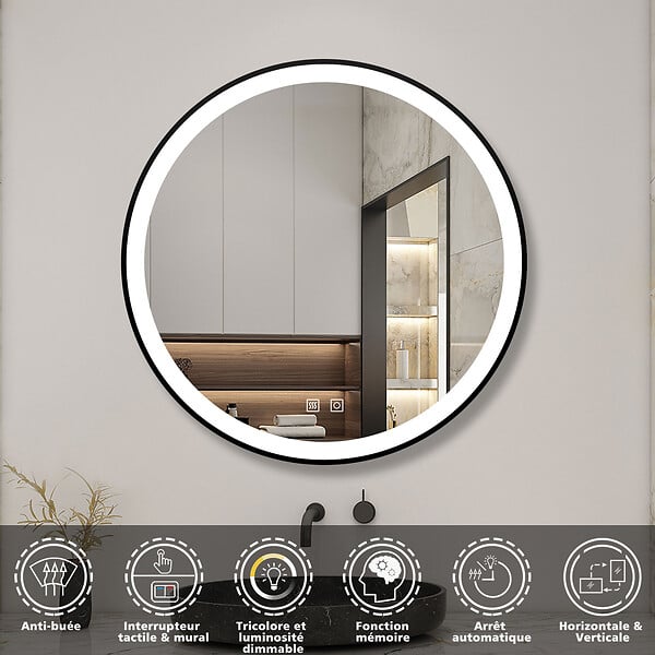 AICA SANITAIRE - AICA 80 cm miroir de salle de bain LED rond avec cadre noir, tricolore + anti-buée + mémoire + gradation infinie - large
