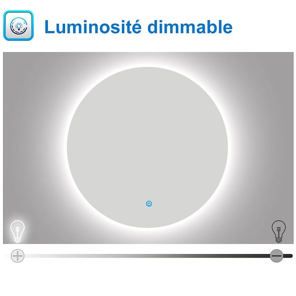 AICA SANITAIRE - AICA 60 cm miroir de salle de bain LED rond avec rétro-éclairage sans cadre, anti-buée + mémoire + dimmable - large