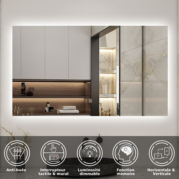 AICA SANITAIRE - AICA 70x50 cm miroir de salle de bain LED rétro-éclairé sans cadre avec anti-buée + mémoire + dimmable - large