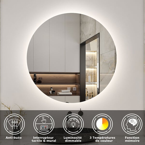 AICA SANITAIRE - AICA Miroir de salle de bain LED rond de 90 cm avec rétro-éclairage sans cadre, tricolore + anti-buée + mémoire + gradation infinie - large